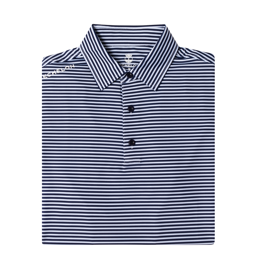 Stripe Show – Men’s Navy & White Striped Golf Polo